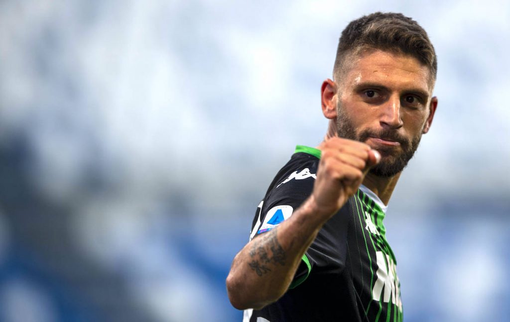 Domenico Berardi (Sassuolo) celebrates after scoring his team s second goal during the Italian Serie A match between Sas