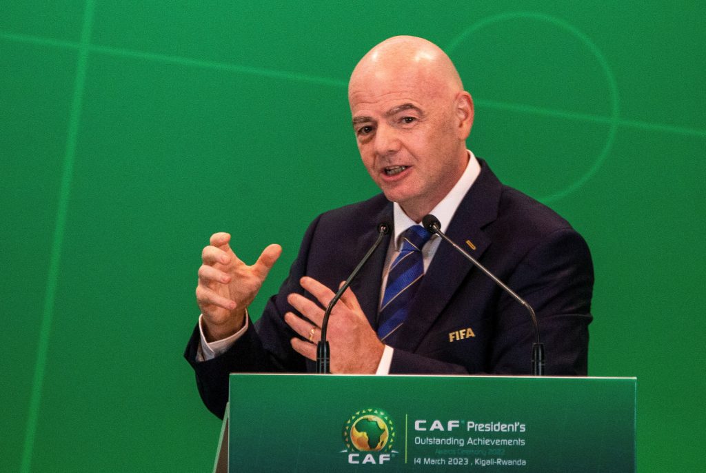 FILE PHOTO: FIFA president Gianni Infantino addresses delegates during the CAF President’s Outstanding Achievement Awards, in Kigali