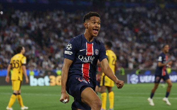 Senny Mayulu celebrating a goal for PSG in the dominant 5:0 Champions League final win against Inter in 2025