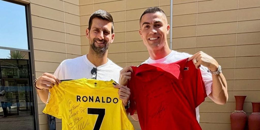 Novak Djokovic and Cristiano Ronaldo exchanging signed shirts