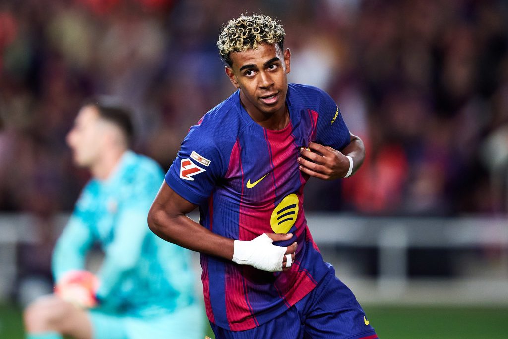 Lamine Yamal celebrating a goal for Barcelona
