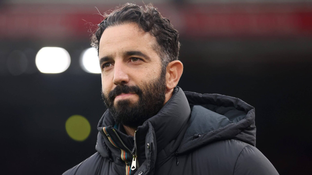 Frontview of Ruben Amorim with a satisfied expression on his face while managing Manchester United