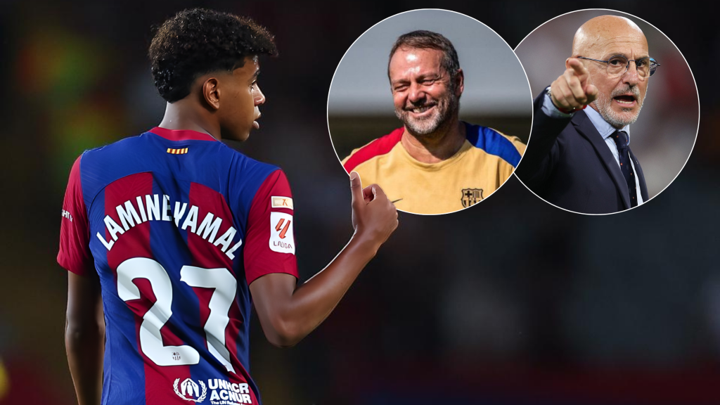 Lamine Yamal showing a thumbs up, Hansi Flick laughing, and Luis De La Fuente angry