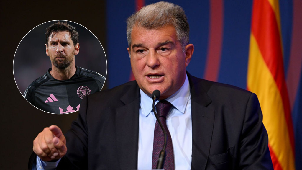 Joan Laporta speaking, Lionel Messi looking serious in the background in an Inter Miami shirt