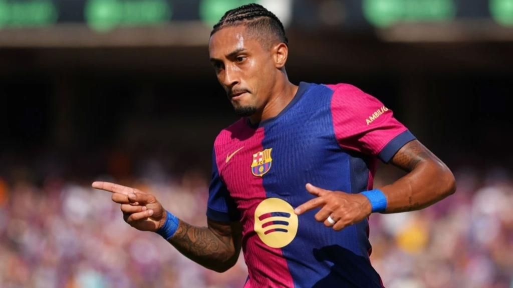 Raphinha pointing his finger while playing for Barcelona