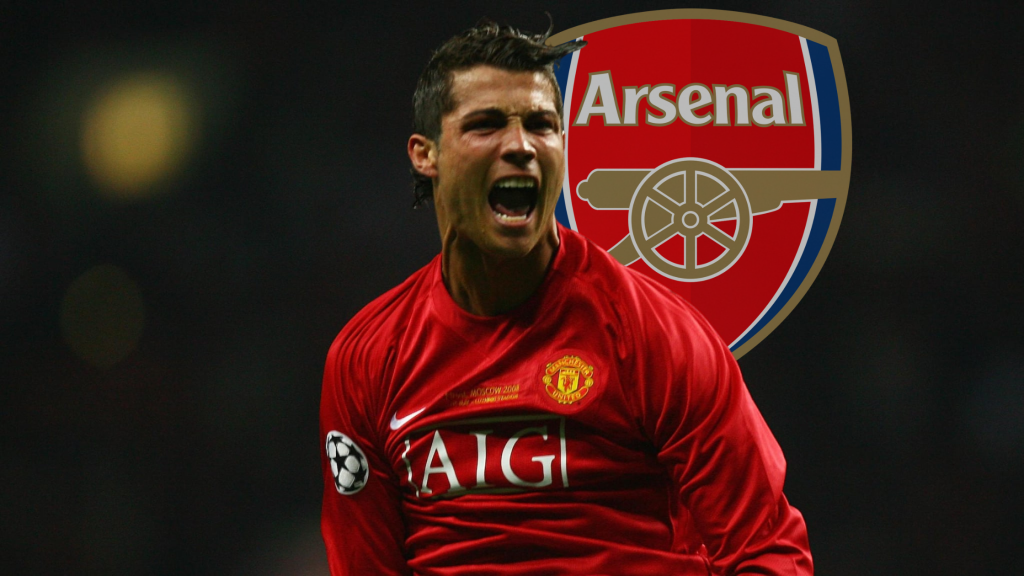 Young Cristiano Ronaldo shouting in a Manchester United shirt with a semi-transparent Arsenal logo behind him