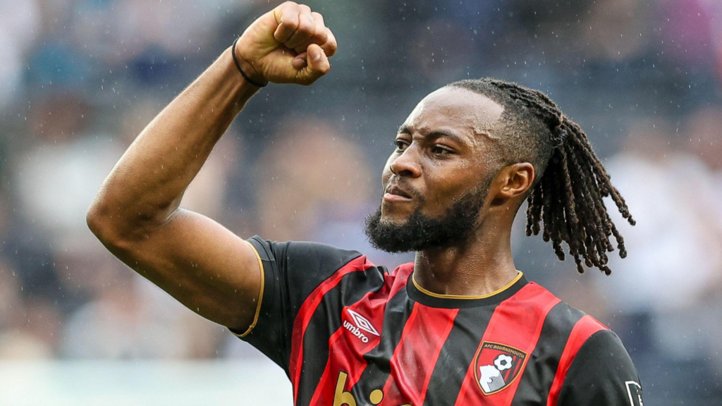 Frontview of Antoine Semenyo pumping his fist in the air while playing for Bournemouth