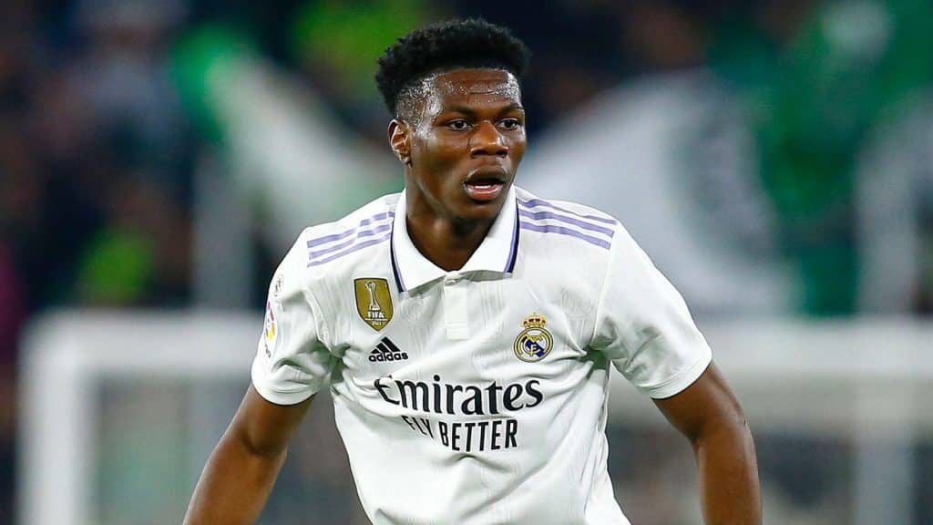 Frontview of Aurelien Tchouameni looking focused while playing for Real Madrid