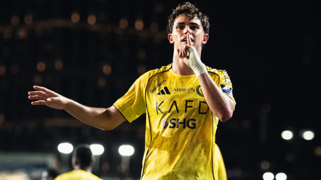 Joao Felix doing the silence celebration while playing for Al Nassr