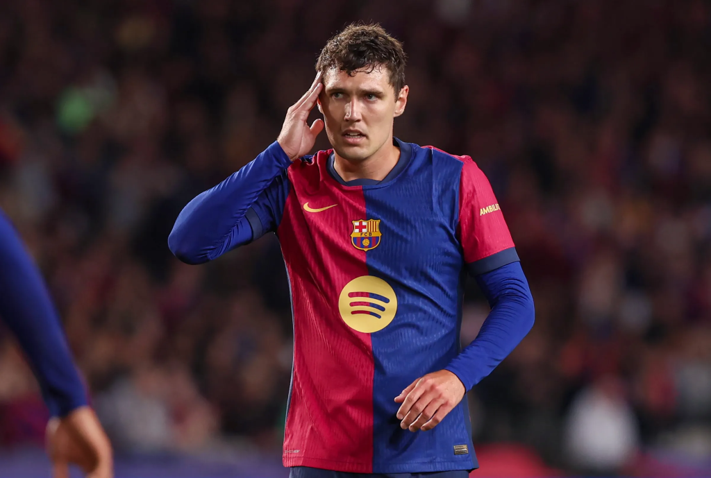 Frontview of Andreas Christensen with a worried expression playing for Barcelona