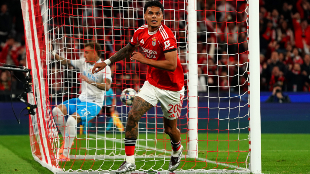 Frontview of Richard Rios celebrating for Benfica as he scores against Napoli