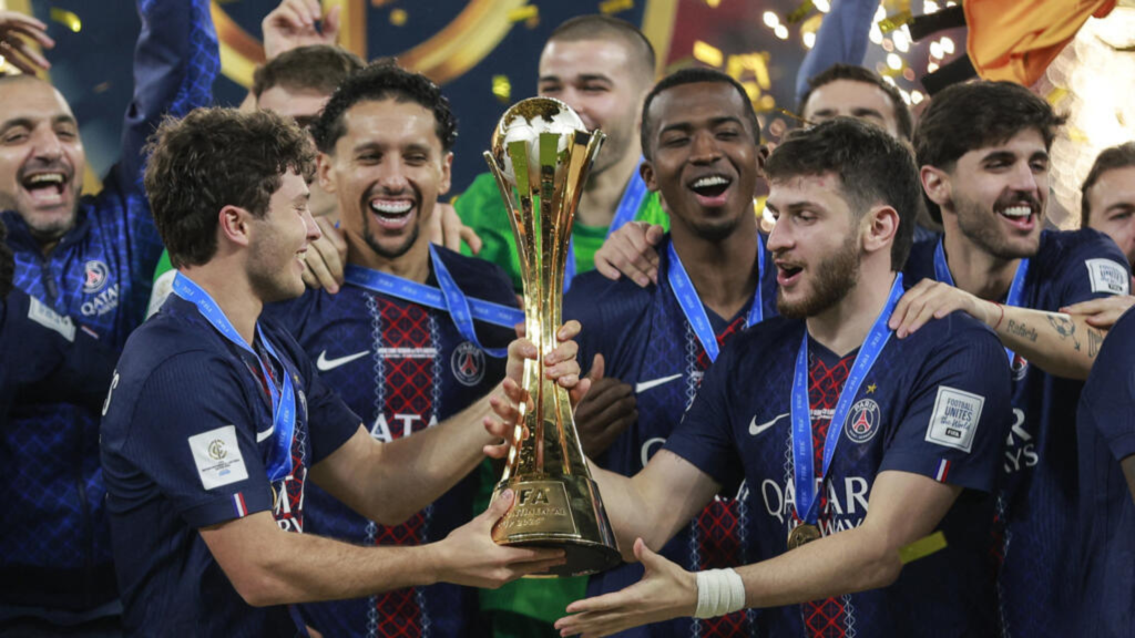 PSG lifting the Intercontinental Cup to complete the sextuple