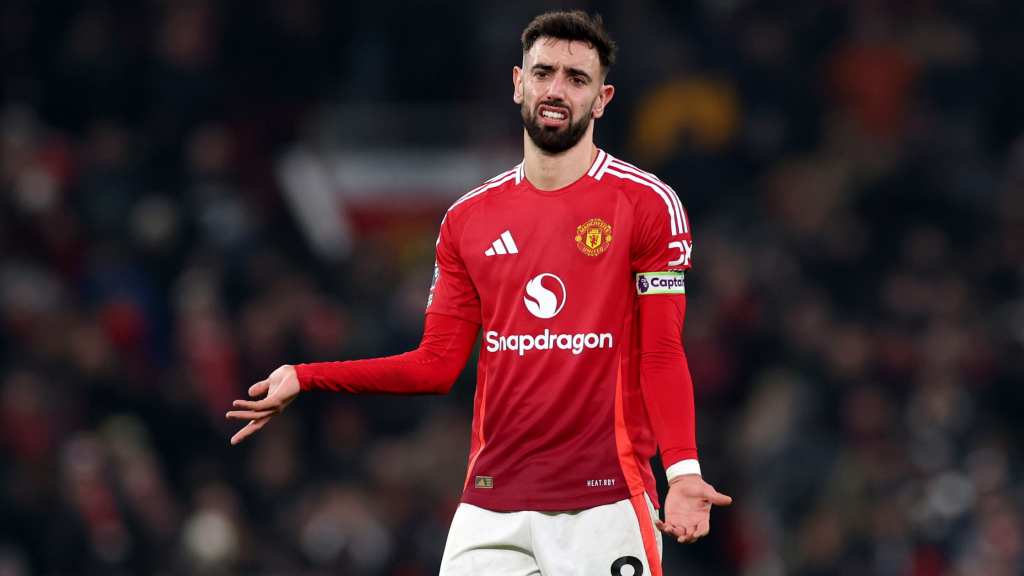 Frontview of Bruno Fernandes complaining for Manchester United