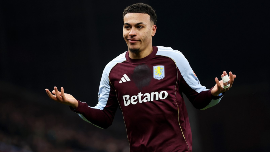 Frontview of Morgan Rogers celebrating for Aston Villa