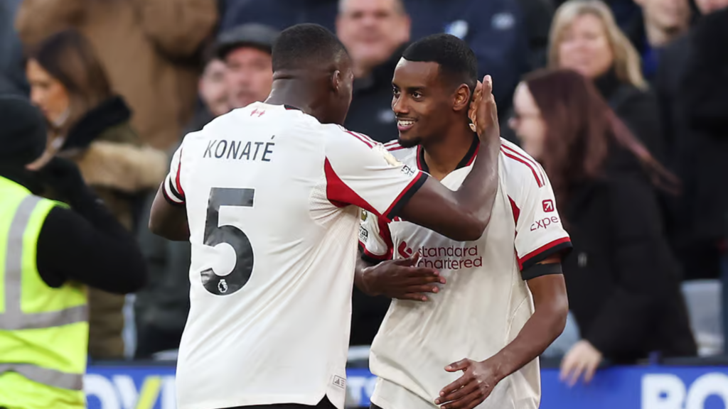Ibrahima Konate and Alexander Isak celebrating for Liverpool
