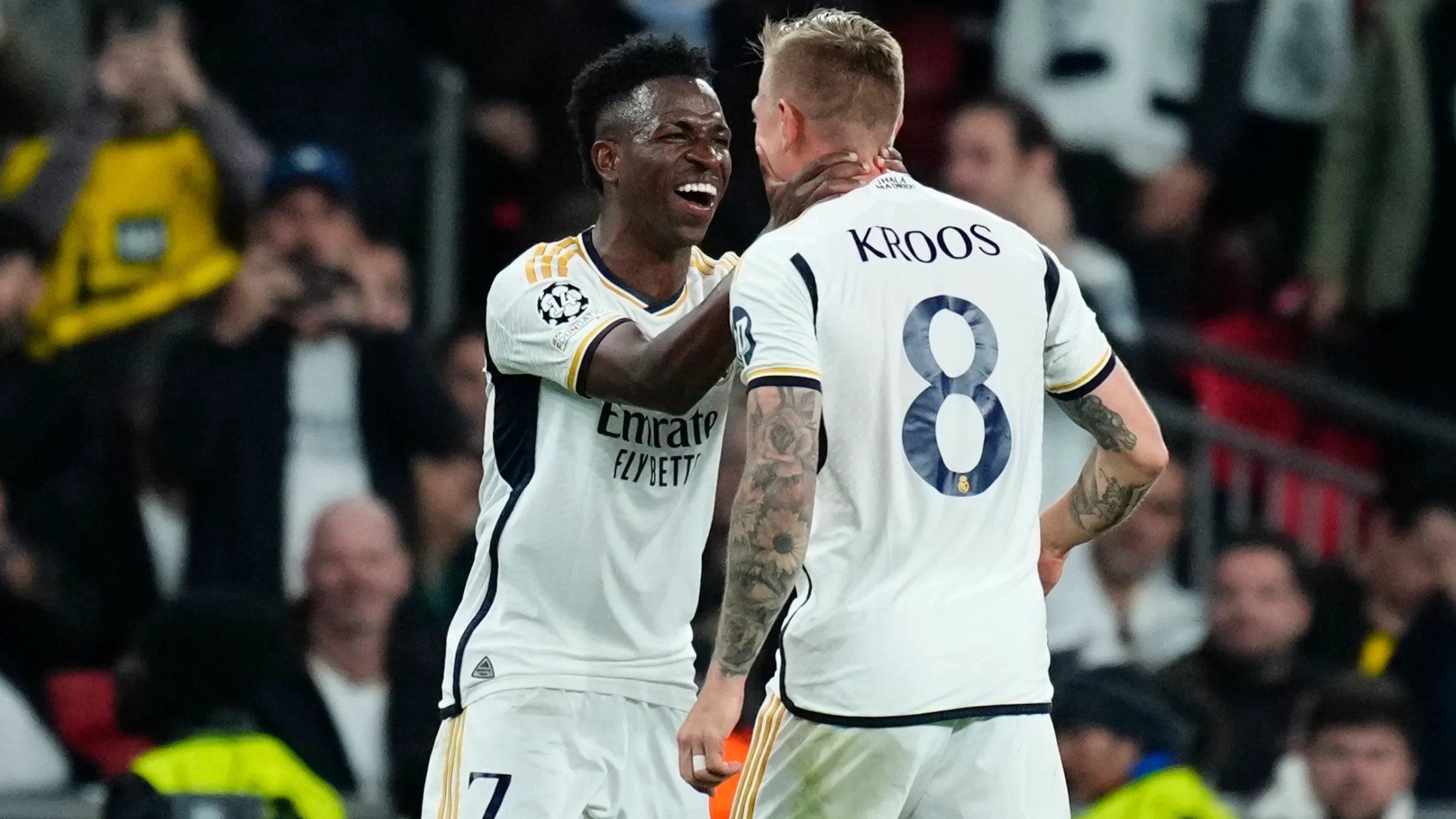 Vinicius Junior and Toni Kroos celebrating for Real Madrid