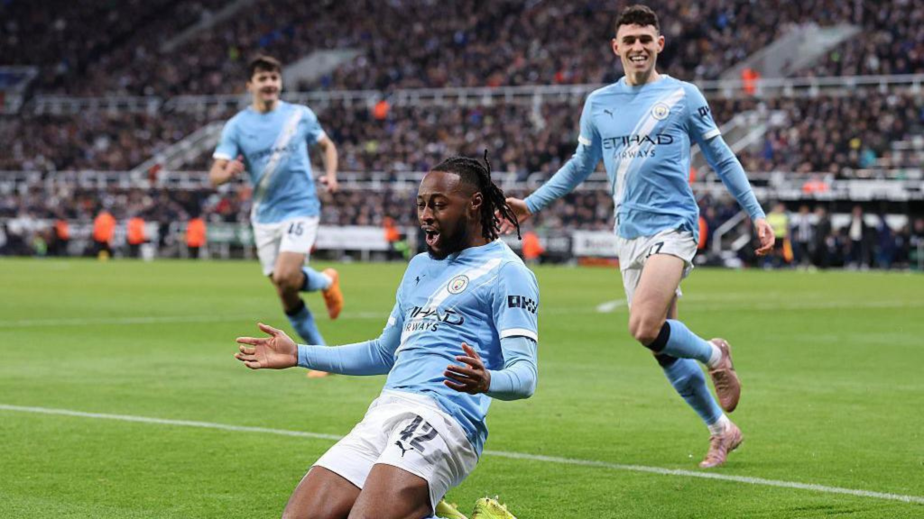 Antoine Semenyo celebrating after scoring for Manchester City
