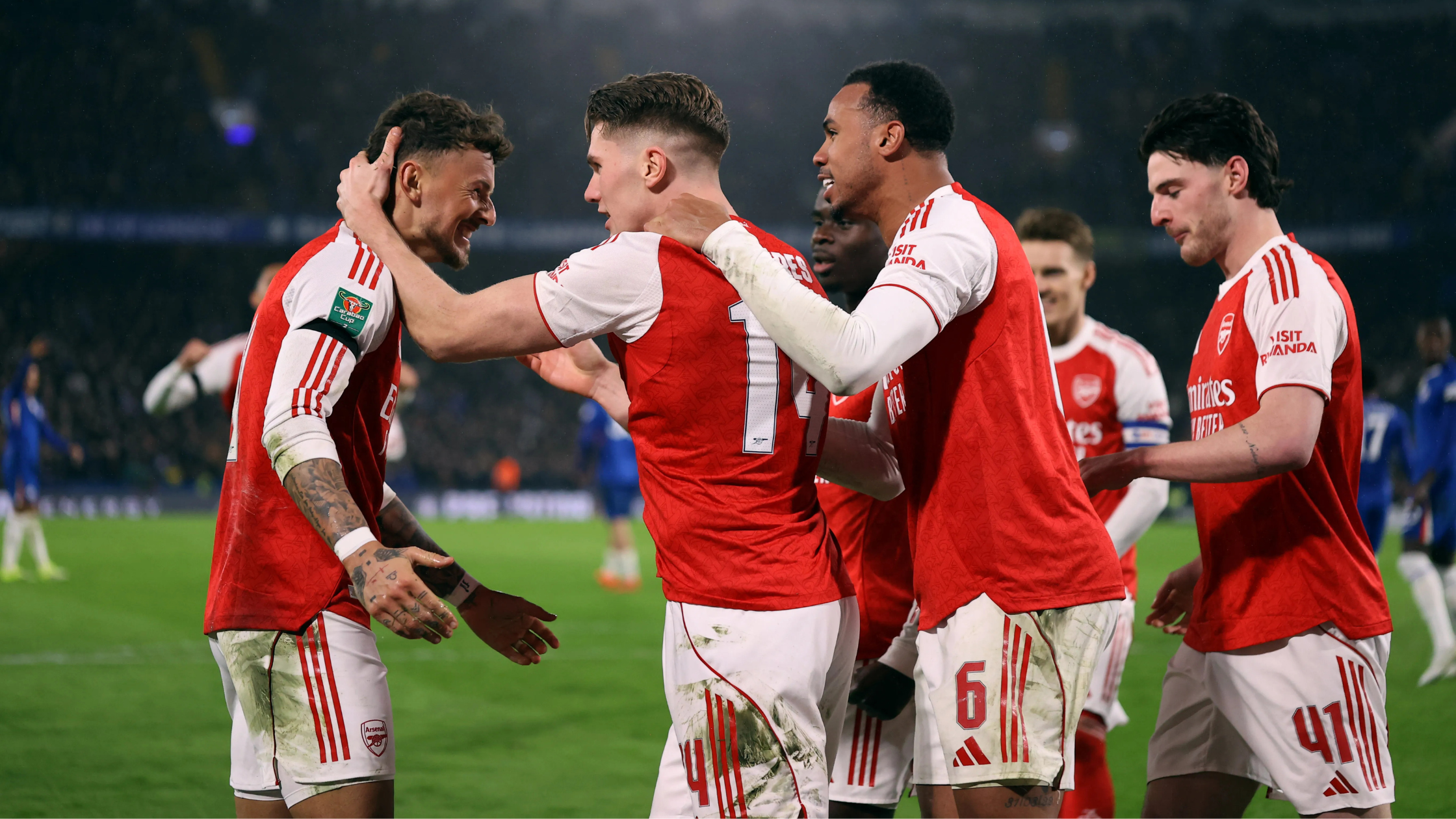 Arsenal players celebrating against Chelsea