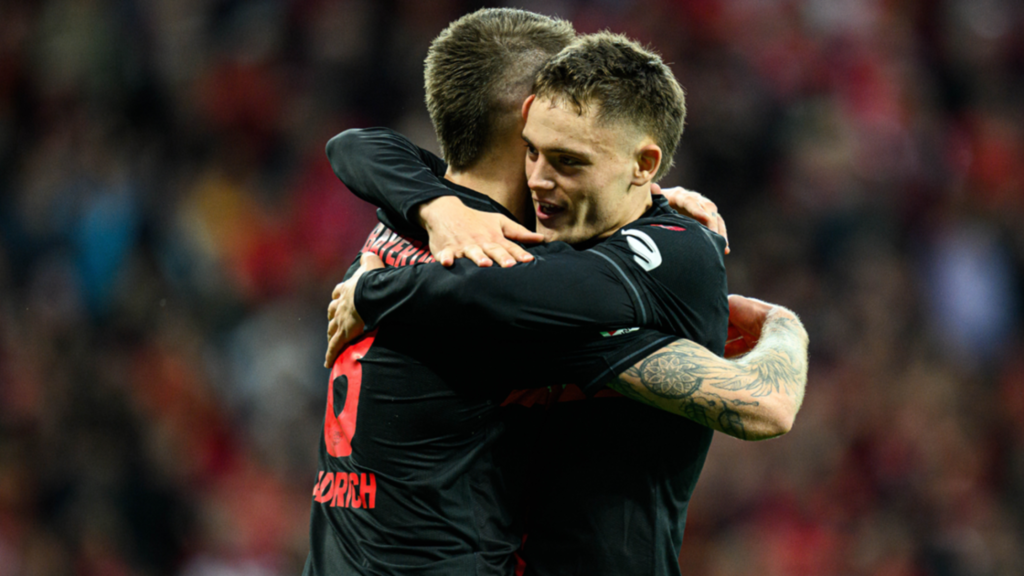 Andrich and Wirtz hugging while playing for Leverkusen