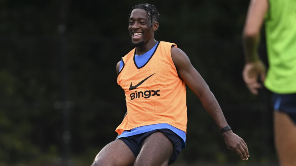 Frontview of Axel Disasi smiling in team training as he is back in the Chelsea squad