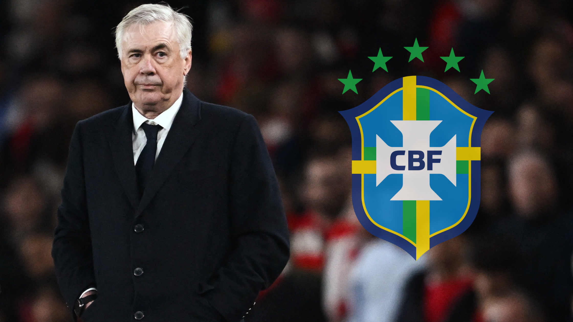 Карло Анчелоти и грбот на Бразилската фудбалска конфедерација.