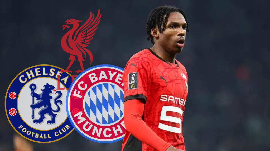 Фудбалерот на Рен, Жереми Жаке. и логото на Ливерпул, Челси и Баерн Минхен