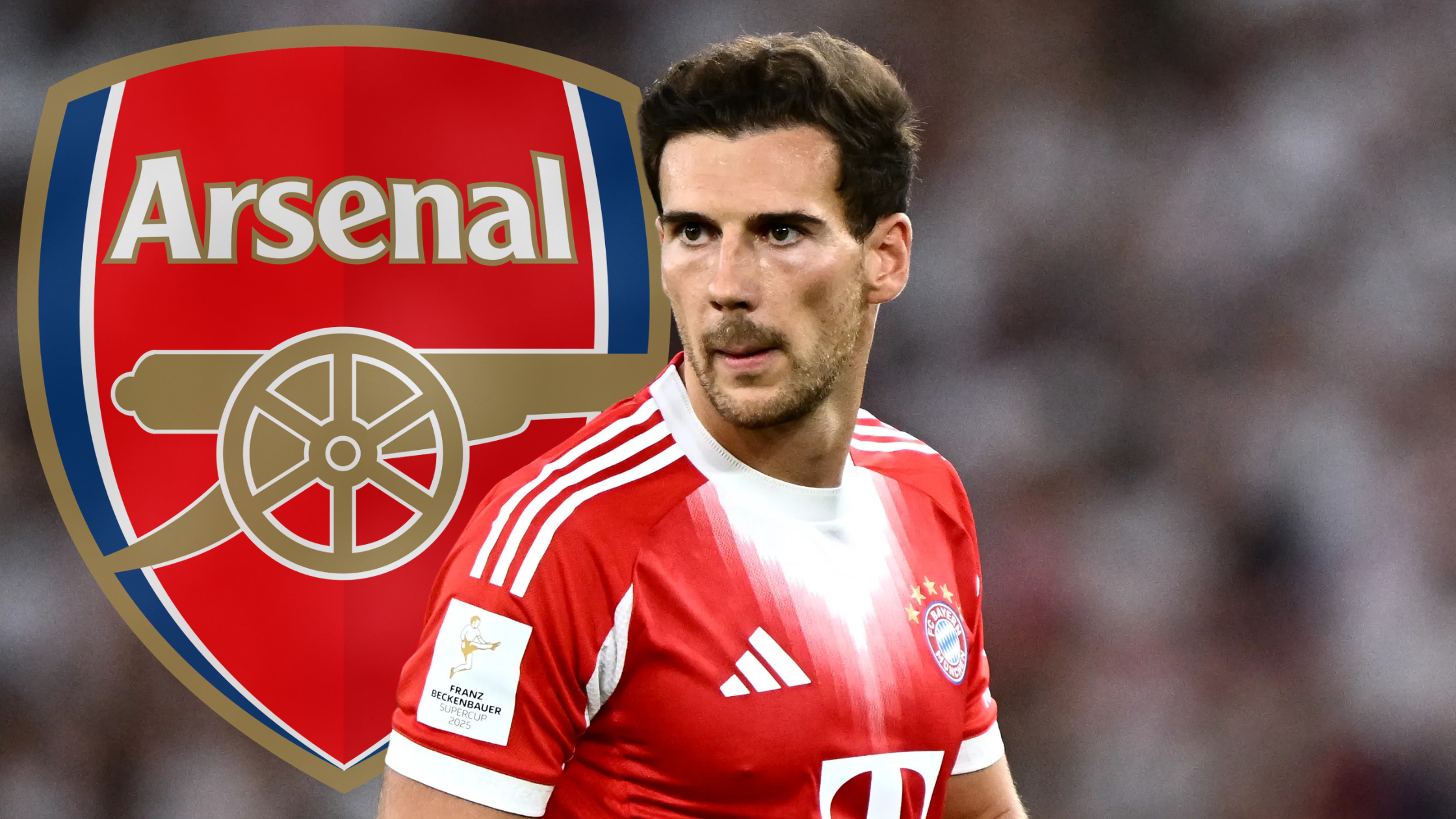 Играчот на Баерн Минхен, Леон Горецка, и логото на Арсенал