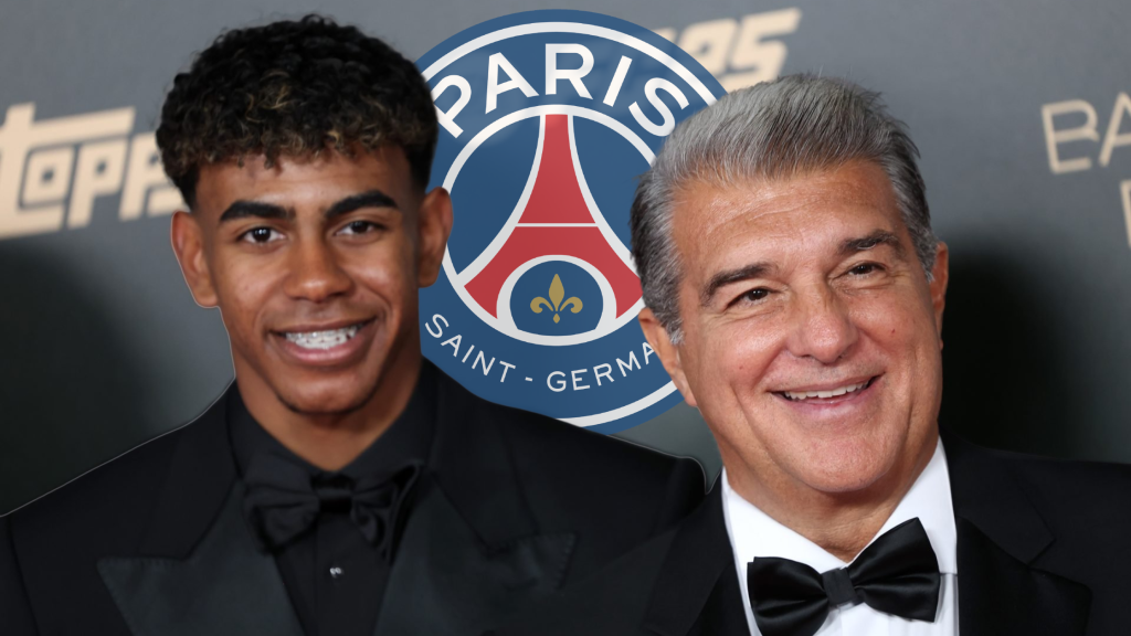 Играчот и претседателот на Барселона, Ламин Јамал и Хоан Лапорта, и логото на ПСЖ во позадина