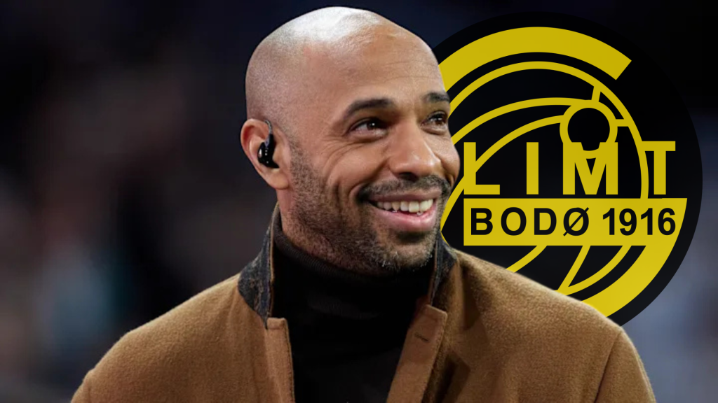 Тјери Анри насмеан, и логото на Бодо/Глимт