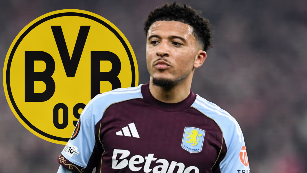 Играчот на Манчестер Јунајтед, во дресот на Астон Вила, Џејдон Санчо, и логото на Борусија Дортмунд