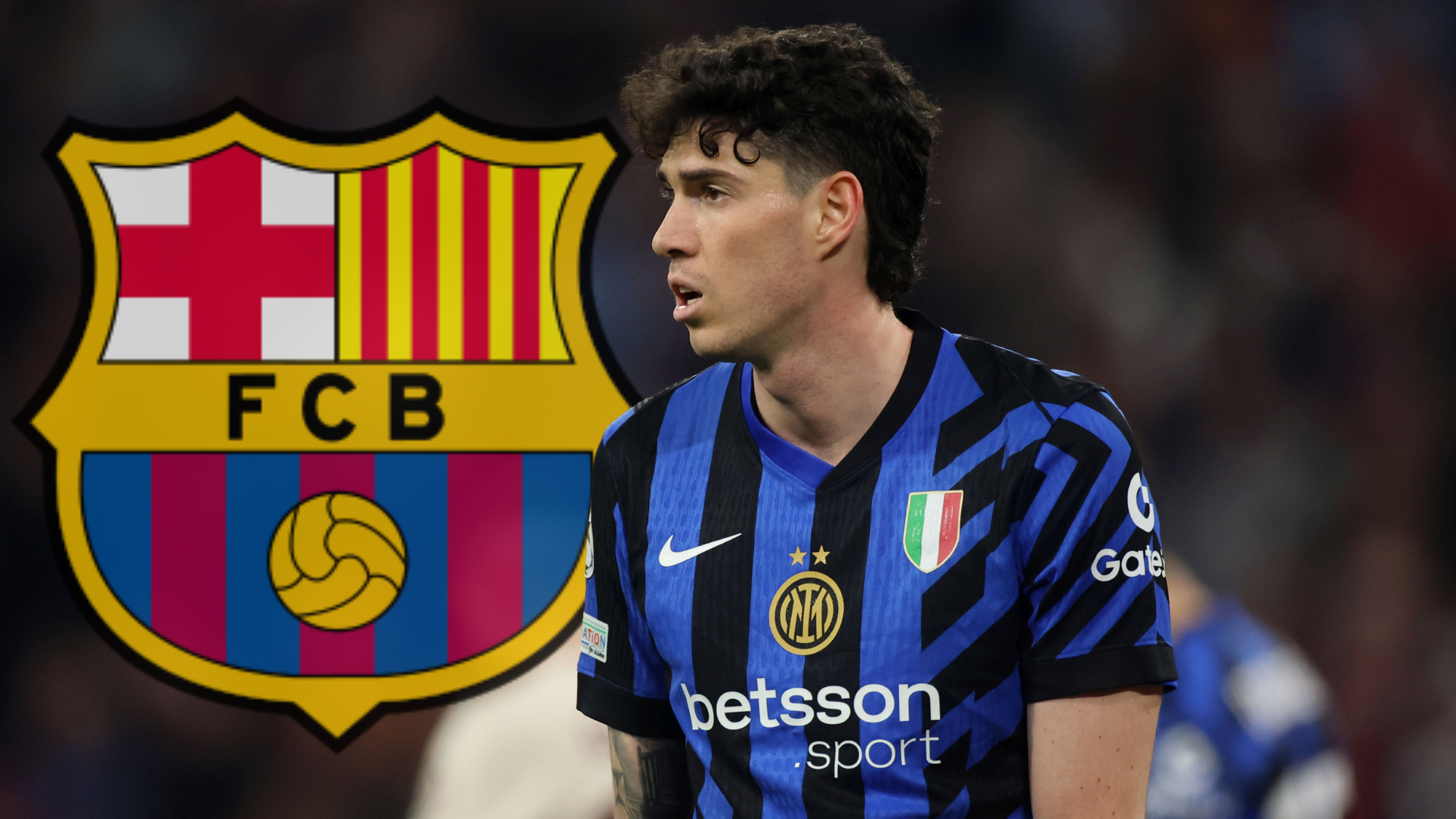 Играчот на Интер, Алесандро Бастони, и логото на Барселона