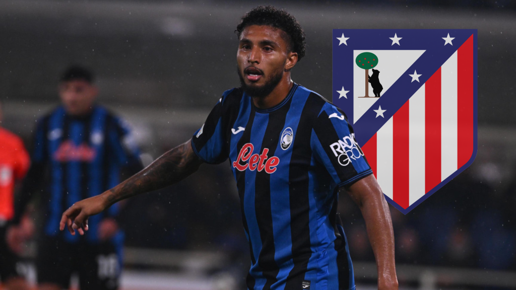 Едерсон од Аталанта и логото на Атлетико Мадрид