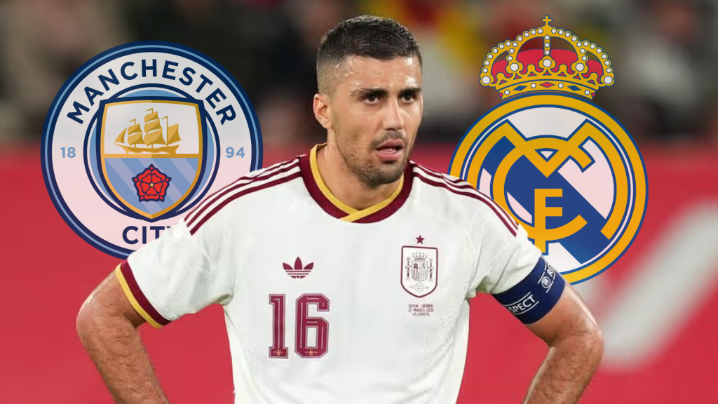 Родри во шпанскиот дрес, логото на Манчестер Сити, логото на Реал Мадрид