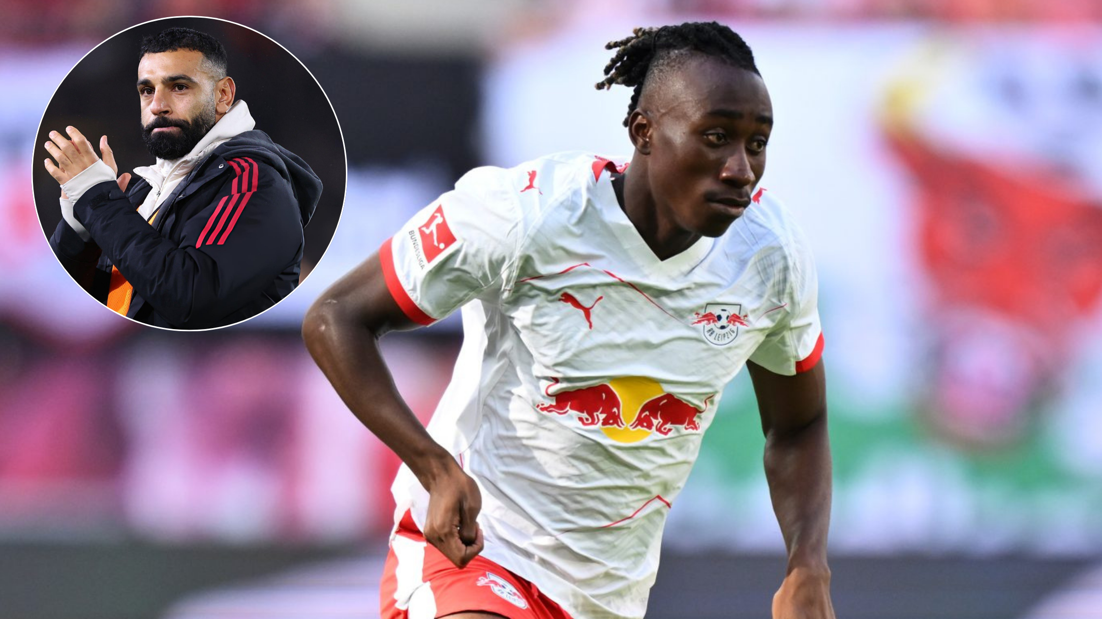 Играчот на РБ Лајпциг, Јан Диоманде, и играчот на Ливерпул, Мохамед Салах